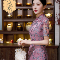 新款改良版网纱刺绣钉珠女士旗袍优雅紫色中长款日常连衣裙B1014