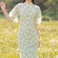 绿色旗袍2022年新款年轻款少女改良女夏季国风小清新蕾丝夏款法式